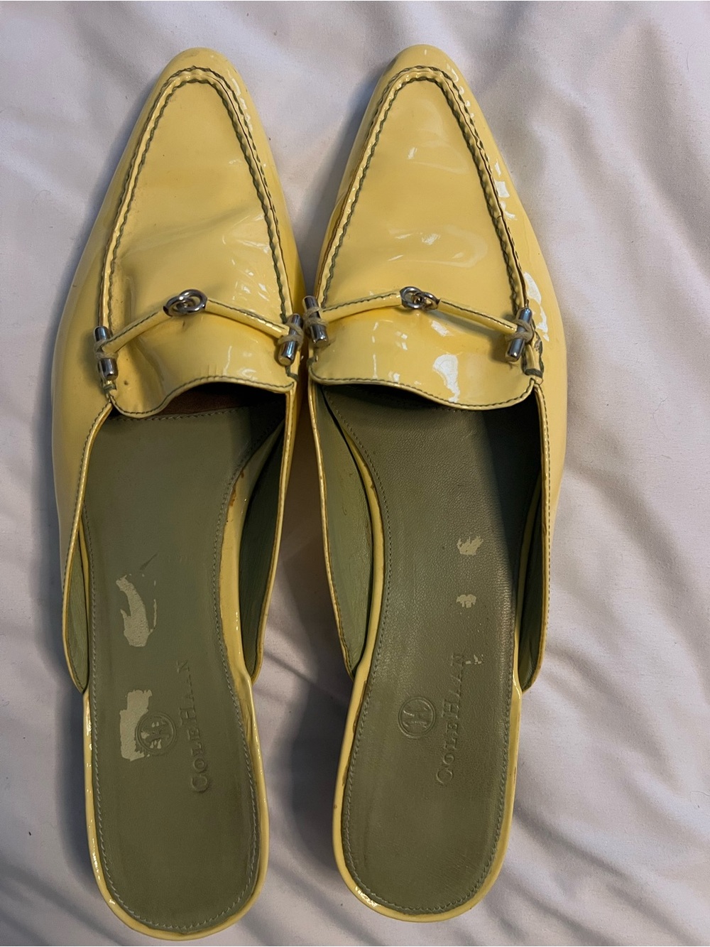 Cole Haan Yellow Patent Mule Loafers with Metal Bit